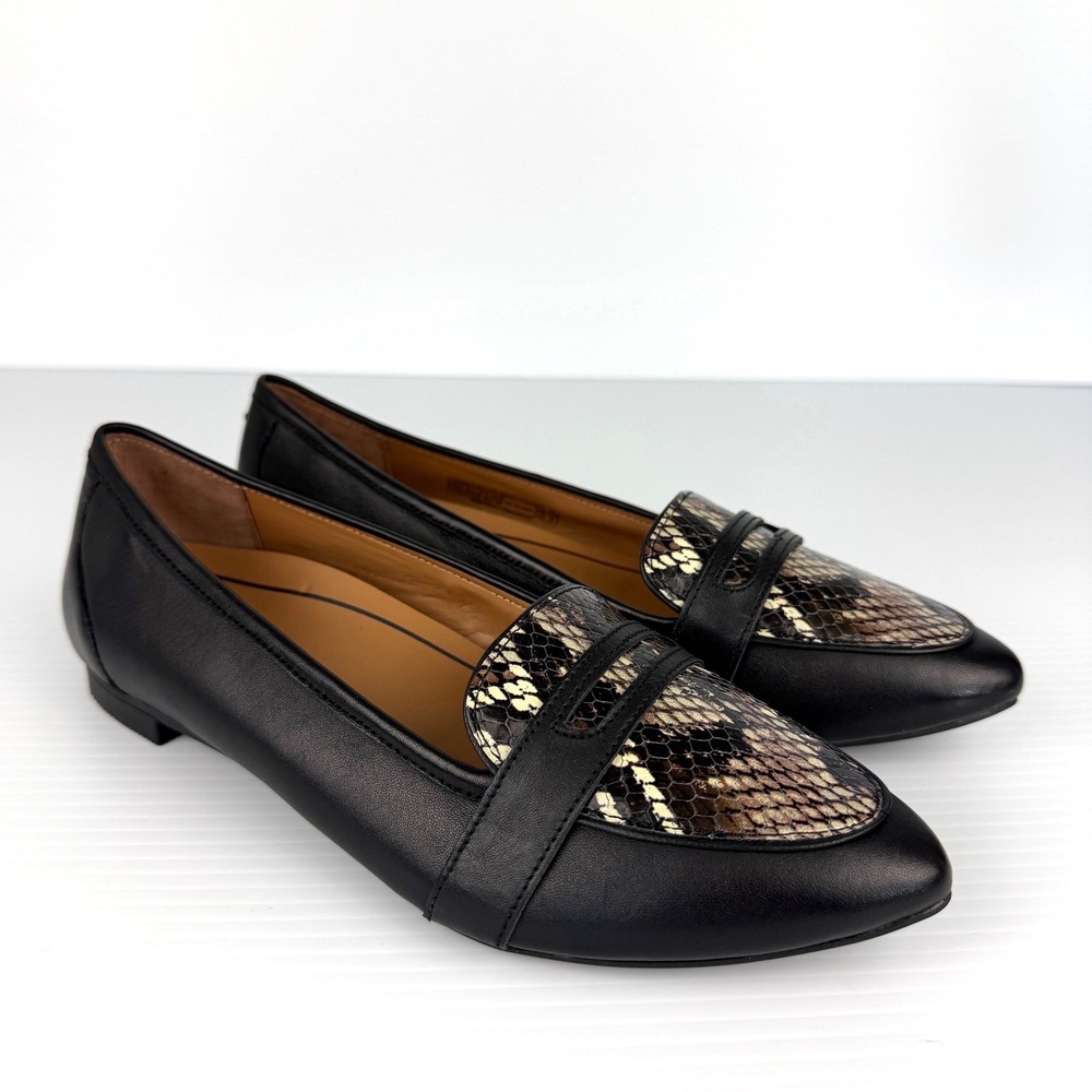 Vionic‎ Savannah Boa Black Leather Snakeskin Pointed Toe Penny Loafer Flats 7.5